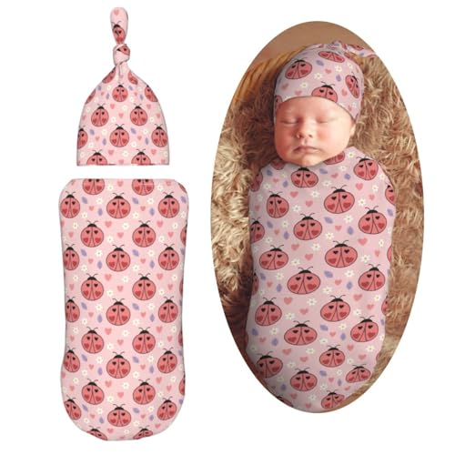 Image of Ladybugs Hearts Flowers Newborn Swaddle Blankets Hat Sets Soft Baby Receiving Blanket Swaddle Sack for Baby Shower Infant Boy Girl Gift