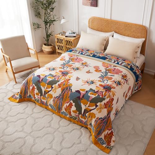 Boho Throw Blanket 100% Cotton Ultra Soft Bed Throw Large Summer Blanket Floral Bird and Butterfly Farmhouse Decor Bed Blankets,60"×80" All Season Blankets for Sofa Couch Chair - Image 3