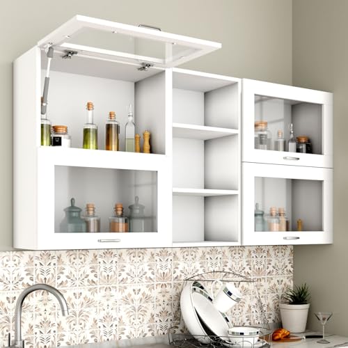 Image of VIKI Furniture Modular Kitchen Wall Cabinet with Acrylic Glass Flip-Up Gas Spring Door & Open Shelf, Space Saving Spice Rack, 30 x 200 x 80 cm, Frosty White, 1 Year Warranty
