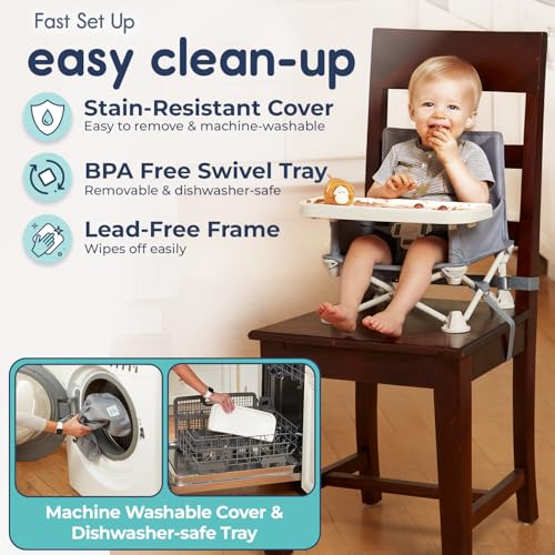 Image of Hiccapop OmniBoost Travel Booster Seat with Tray for Baby, Dining Table, Camping, Beach, Grandma's | Folding Portable Tip-Free Design Straps to Kitchen Chairs