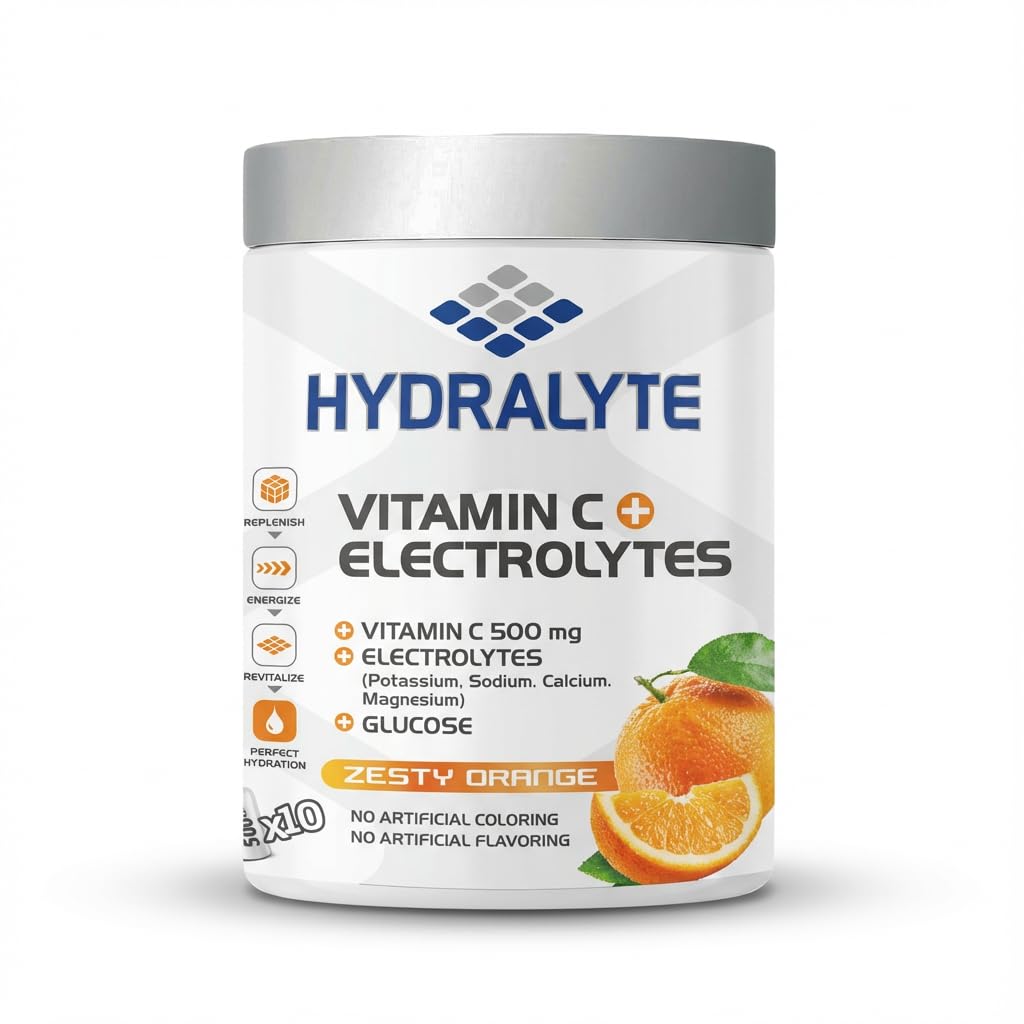 Hydralyte Vitamin C + Electrolyte Hydration Sports Drink Powder Orange Flavor Jar, 200 Gm | 20 Servings Per Container (250ML) | Natural Electrolyte Replacement Supplement | Fast Rehydration