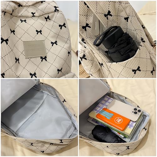 JHTPSLR Bow Corduroy Backpack Women Balletcore Plaid Cute Coquette Book Bags Mochilas Daypack Autumn Winter (Gray)3