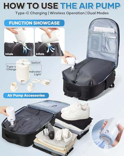 Vacuum Backpack Travel Backpack with vacuum system with Pumpm, Mochila de Viaje Compresion al vacio, Personal Item Carry on Bag, Black2