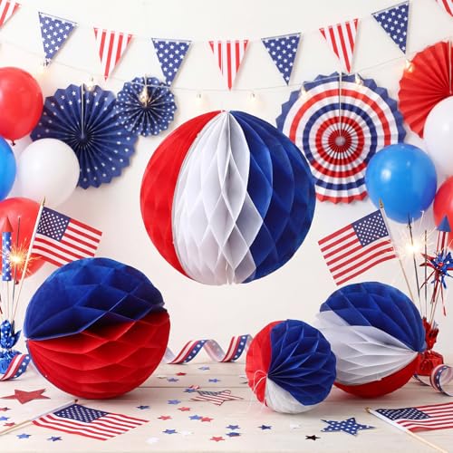 Image of Dunzoom 12 Pcs 250th Anniversary 4th of July Decorations Set 6 inch 8 inch 10 inch 12 inch Patriotic Honeycomb Balls Blue White Red Hanging Round Tissue Paper Pom Poms for Independence Day Memorial Party Decor