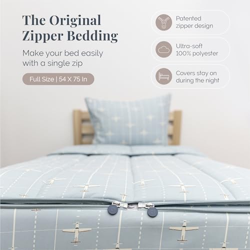 Image of Beddy's Airplane Theme Zipper Bedding - Durable Zip-On Sheets & Comforter for Kids - Bed in a Bag - Easy to Make & Wash - Includes Pillowcases & Shams - Blue Airplane - Full