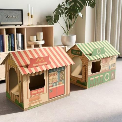 Brfveob 猫用爪とぎボード、猫用ベッド、段ボール製猫用ハウス、一体型縦型ハウス、耐摩耗性厚手段ボール製爪おもちゃ (レッド+グリーン)