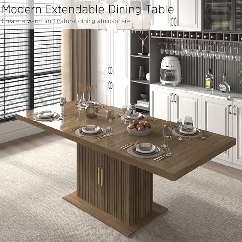 Image of 78.74 inch Extendable Dining Table for 4 6 8 10, Large Rectangular Wooden Expandable Kitchen Table with Storage, Modern Farmhouse Extendable Dining Room Table for Kitchen Dinning Room Living Room, Brown