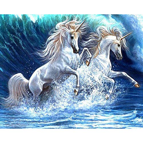 Peinture diamant 5D licorne et cheval blanc 40x50cm avec strass ronds - 2