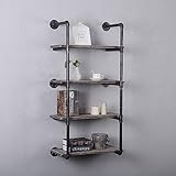 Industrial Pipe Shelving Metal Floating Shelves,Rustic Kitchen Wall Shelf Wood Hanging Shelf,24in Steampunk Large Pipe Shelves Wall Mounted,Bar Bookshelves Farmhouse Shelving Bookshelf (4 Tier)