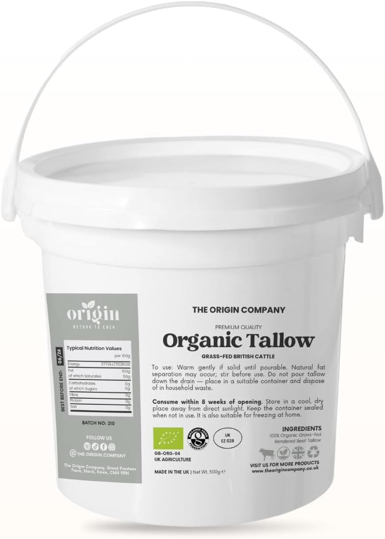 500g Origin's Organic Grass-Fed Beef Tallow Cooking Fat – 100% Pure Traditional Dripping – High Smoke Point for Frying, Roasting & Baking – No Additives – UK Produced