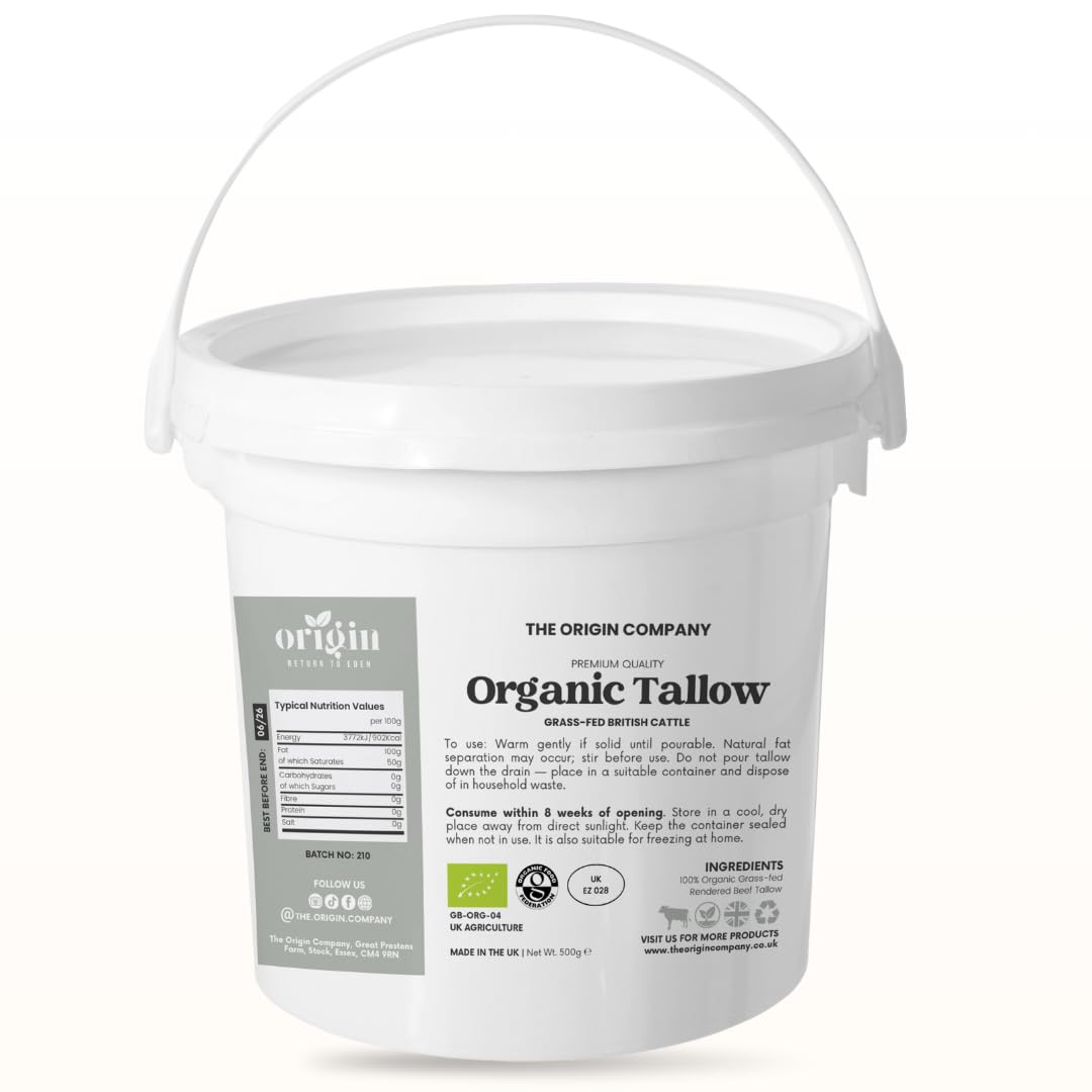 500g Origin's Organic Grass-Fed Beef Tallow Cooking Fat – 100% Pure Traditional Dripping – High Smoke Point for Frying, Roasting & Baking – No Additives – UK Produced
