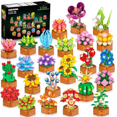 CUBIMANA 24 Pack Flowers Succulents Building Set - 2160PCS Botanical Collection 3.6MM Mini Flower Kit for Home Office Décor Plant Blocks Toy, Christmas Party Favors Gifts for Adults Women Kids 10+