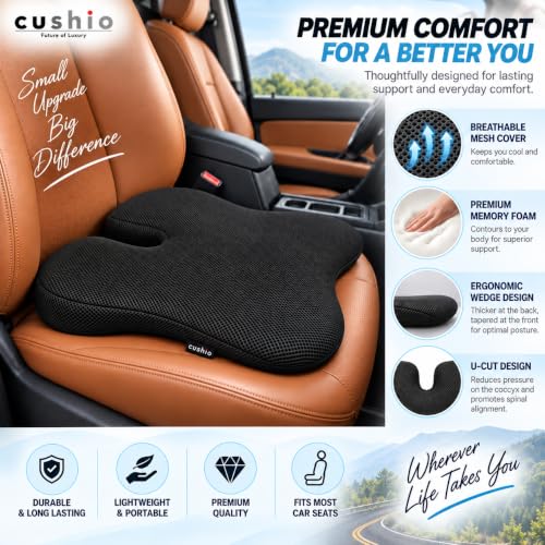 Image of CUSHIO Car Wedge Seat Cushion with Ergonomic Wedge Design, Car Seat Height Cushion for Long Drives, Relieves Hip Pain & Tailbone Pain, Coccyx Seat Cushion with Non-Slip Base (Black)