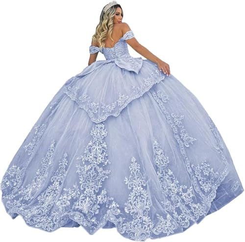 Fuomomo Vestidos de quinceañera de Tul, Vestido de Baile con Apliques de Encaje Brillante, Vestidos de quinceañera, Vestido de Fiesta Largo de Princesa con Hombros Descubiertos y Vuelo MT038
