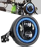 5-3/4 5.75' Motorcycle Headlight with Housing Bucket Smoke Halo Blue DRL Compatible with Shadow Buell Blast Cafe Racer Cruiser Motorbikes