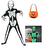 FAYBOX Skeleton Costume Glow in The Dark for Kids Toddler, Halloween Fortnite Onesie for Boy Girls with Pumpkin Candy Bag(5-7)