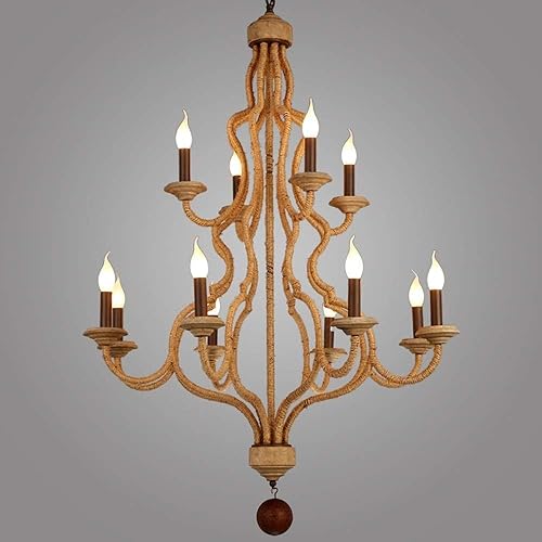 Miniatura 3 de Genérico Araña moderna, Simple 12 Lights Country Style Double Layer Hemp Rope Wooden Retro Chandelier Lighting Loft Cafe Bar V-intage Pendant Light