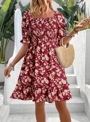 Image of Dokotoo Womens Casual Summer Dresses Short Sleeve Square Neck Smocked Boho Floral Sundress Flowy A-Line Mini Dress