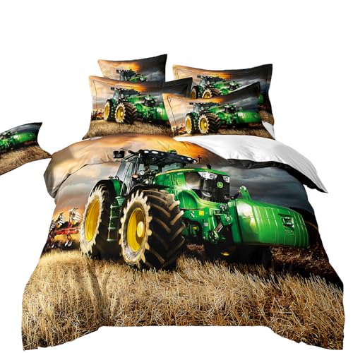 LYJKLST Traktor Bettwäsche 135x200 Set Grün 1 Bettbezug 135x200 + 2 Kissenbezüge 80x80 cm Bügelfreie Bettwäsche Microfaser mit Reißverschluss Grün Traktor Design Demon