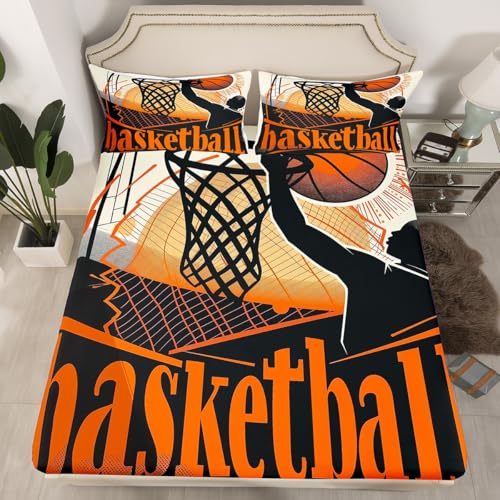Manfei Basketball Fitted Sheet Queen Size, American Basketball Shooting Bedding Set 3pcs, Sports Theme Bed Cover with 2 Pillowcases, Kids Boys Teens Room Decor, Soft Bedding(No Top Sheet)
