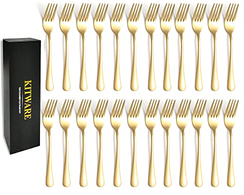24 Pieces Gold Salad Forks Set, KITWARE Flatware Stainless Steel Utensils, Home & Kitchen Metal Cutlery Set, Heavy Duty Silverware Small Forks 6.8 Inch