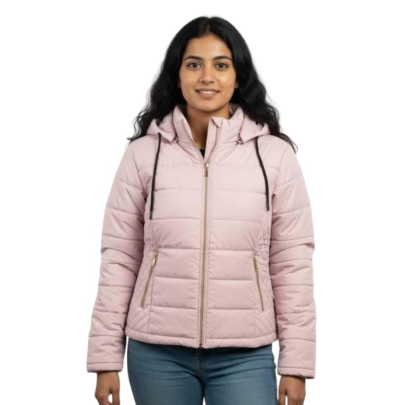 Image of Women's Nylon Puffer Jacket for Winter | Lightweight Warm Quilted Outerwear with Hood | Front Zipper Closure & Secure Pockets | Wind-Resistant Casual Jacket for Women