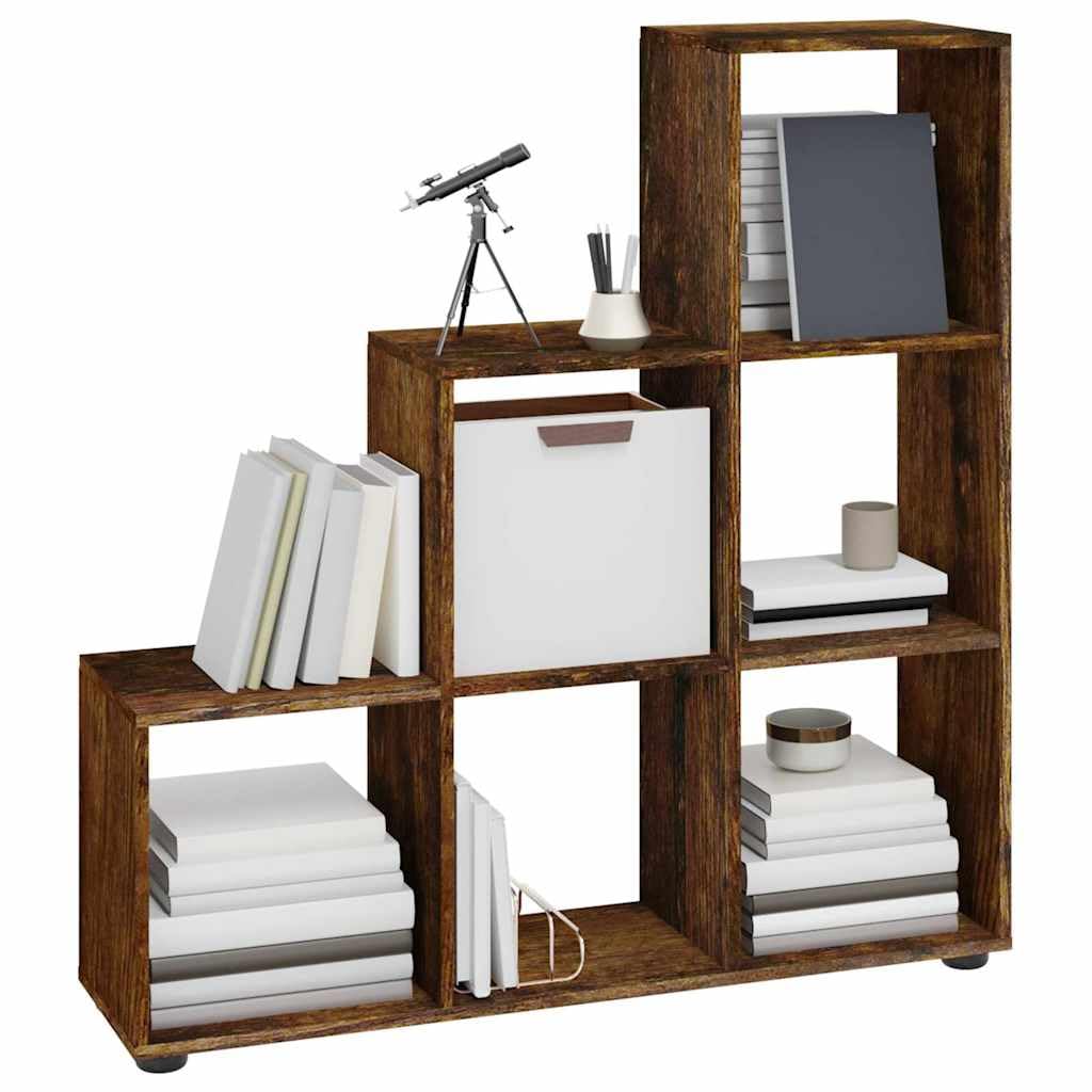 Libreria a Scala 6 Scomparti Rovere Fumo 104x29x107 cm | Scaffale salvaspazio a gradini per soggiorno o studio, ideale come mobile espositivo per piante e decorazioni.