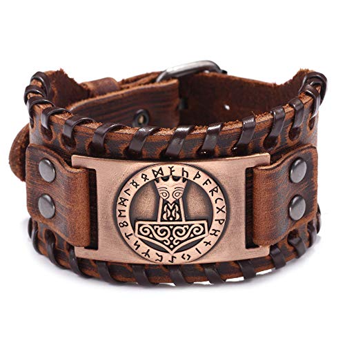 Image of GelConnie Viking Bracelet Punk Leather Cuff Bracelet Gothic Leather Wristband Bracelet with Nordic Amulet Scandinavian Talisman Celtic Pagan Jewelry