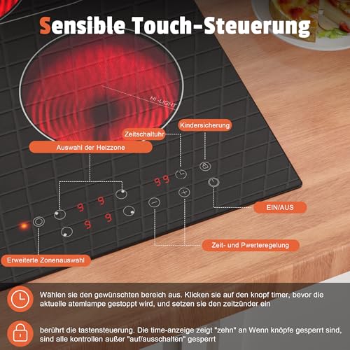 Steklokeramična kuhalna plošča Karinear 4 plošče, samozadostna steklokeramična kuhalna plošča z dvojno izvlečno cono, upravljanje na dotik, časovnik, varnostna ključavnica, 6600 W, kuhališče 60 cm vgradna, 240V