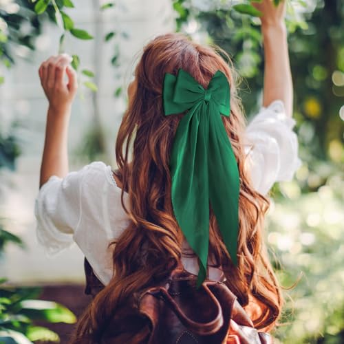 WLLHYF Big Bow Barrettes Long Tail French Ribbon Hair Pins Soft Silky Satin Hair Clip Metal Bowknot Clips 90's Accessories for Party Valentine's Day Women Girl (Green) - Image 4