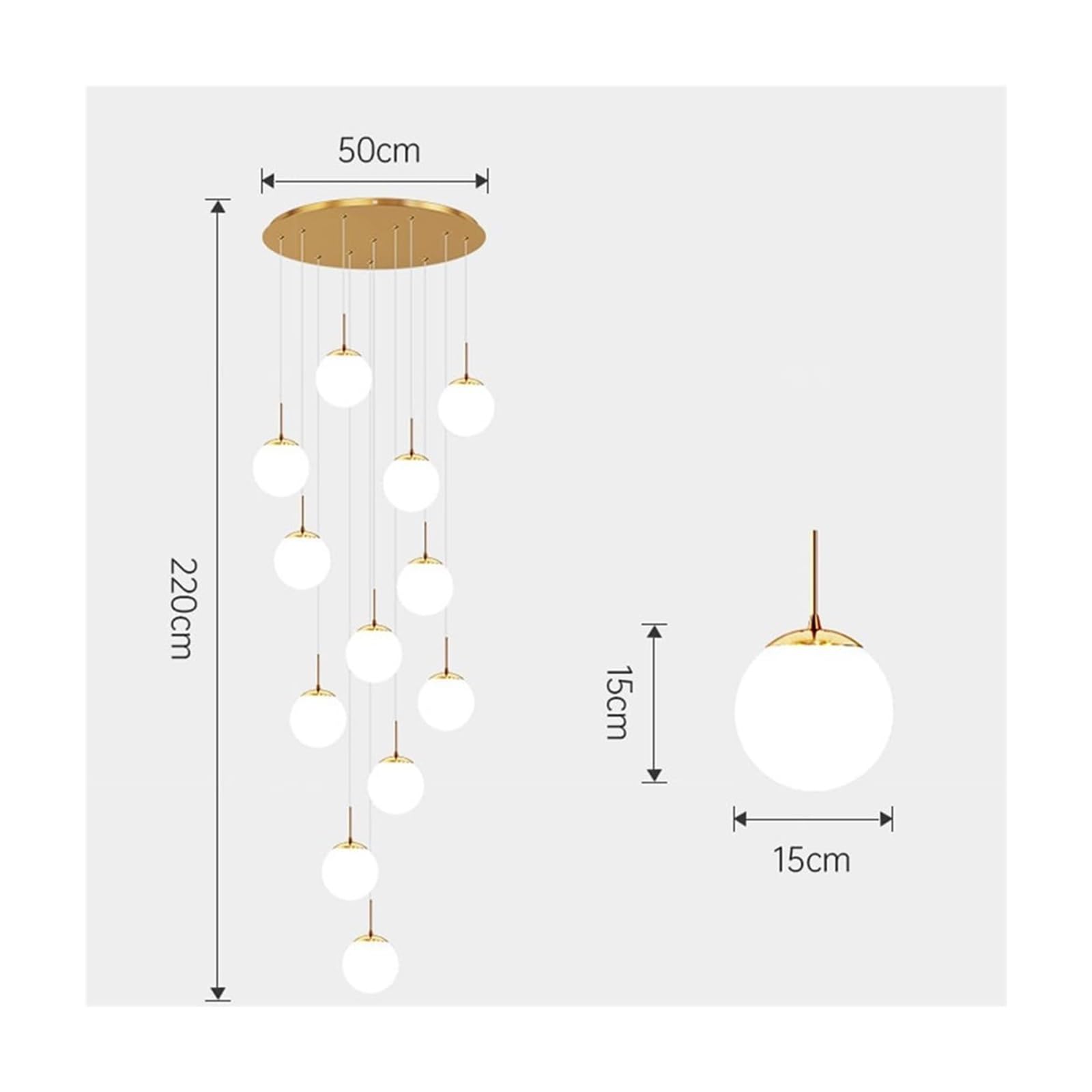 Lampy wiszące Mid Century 12 białych kulek ze szkła mlecznego długi matowy żyrandol do wejścia kominka wysokie sufity lampa wisząca salon jadalnia złoty chrom (złoty