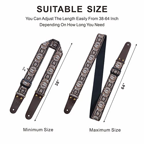 Nefelibata Guitar Strap, Vintage Embroidered Cotton Guitar Straps With Genuine Leather Ends For Bass, Electric & Acoustic Guitars, Come With Free Strap Button, 1 Pair Strap Locks And 4 Guitar Picks #TOP2