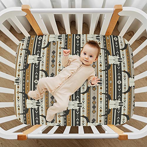Image of Western Boho Bull Skulls Crib Sheets Soft Breathable Fitted Baby Playard Sheets Mattress Cover for Girl Boys, 39 inch x 27 inch x 5 inch