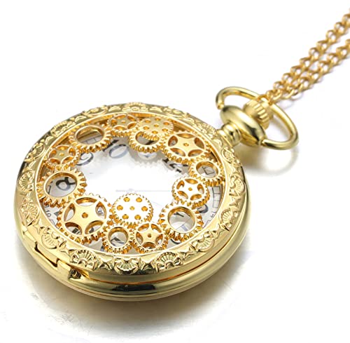 Image of Halukakah Men's Pocket Watch with Chain Quartz Vintage Gearwheel Pattern Roman Numerals Scale,with 2 Chains Set Pocket Chain+Necklace,Free Giftbox