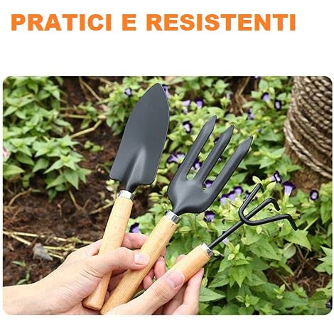 V&AMYA Set 3 Pezzi Utensili da Giardino - Attrezzi per Giardino - Set Giardinaggio 3 Accessori - 2 Rastrelli e 1 Paletta