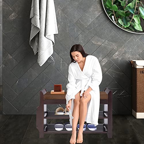 Nurtudis Shoe Rack Bench,Bamboo Shoe Storage Stool With Removable Cushion, 2-Tier Entryway Shoe Storage Organizer Shelf With Side Drawer And Book/Umbrella Basket For Living Room, Bedroom(Medium) #TOP1
