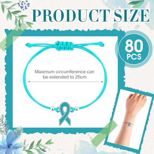 80 Pcs Ovarian Cancer Awareness Bracelets Adjustable Teal Ribbon Cord Fan Strap Braided Bracelet Inspiring Ovarian Cancer Gifts for Women Fighter2