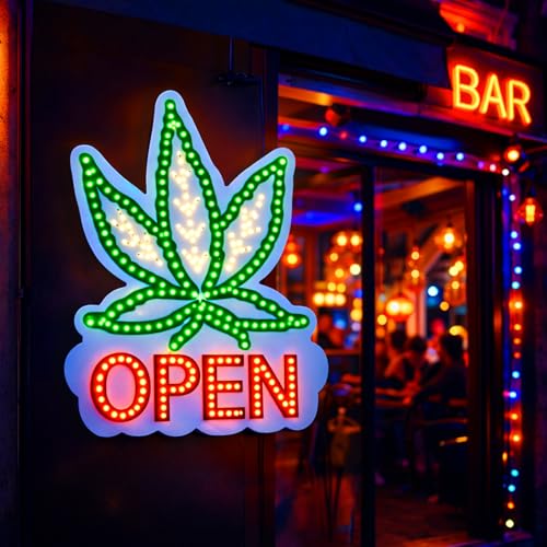 Image of Weed Open Neon Sign for Business - USB Powered LED Cannabis Leaf OPEN Sign with Dimmable Switch, Acrylic Wall Light for 420 Friendly Bar, Smoke Shop, Game Room, Party Decor