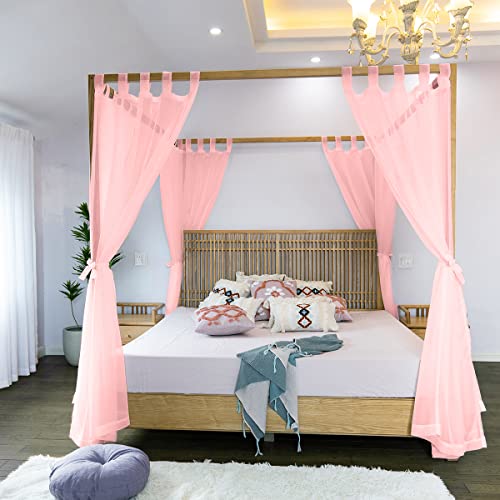 Image of Linentalks Sheer Canopy Bed Curtains for King, Queen, Full and Twin Sizes, 4 Corner Drapes, Four Poster Curtains, Pink