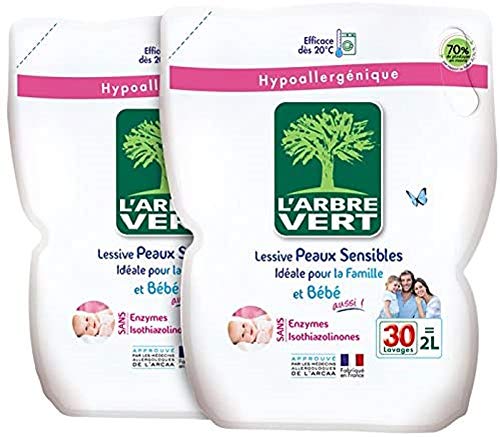 L'arbre vert Detersivo liquido, ricarica per pelli sensibili e familiari, ipoallergenico, 30 lavaggi, 2 l, 2 pezzi