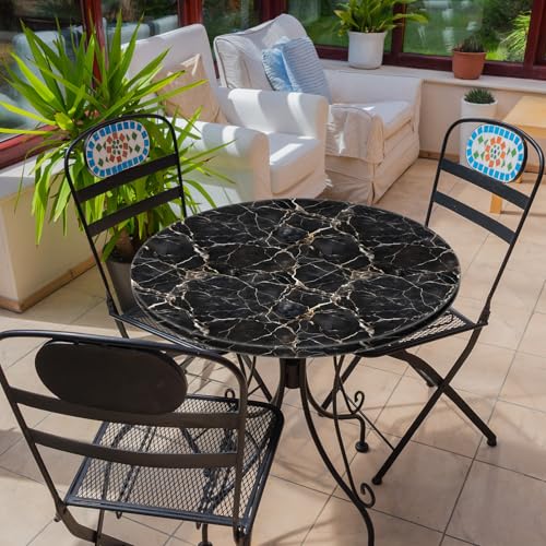 SuxiGlo Black Marble Round Tablecloth &ndash; Fitted Circle Table Cover with Elastic Edge, Waterproof & Washable Polyester Table Cloth for 43" to 54" Indoor/Outdoor Tables