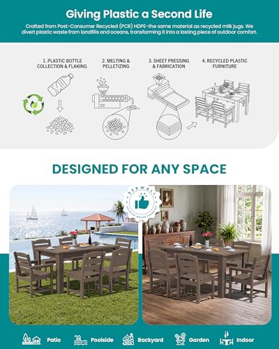 Image of SERWALL 59 inch HDPE Patio Dining Set for 4, w / 1 Table & 4 Armchairs, Coffee