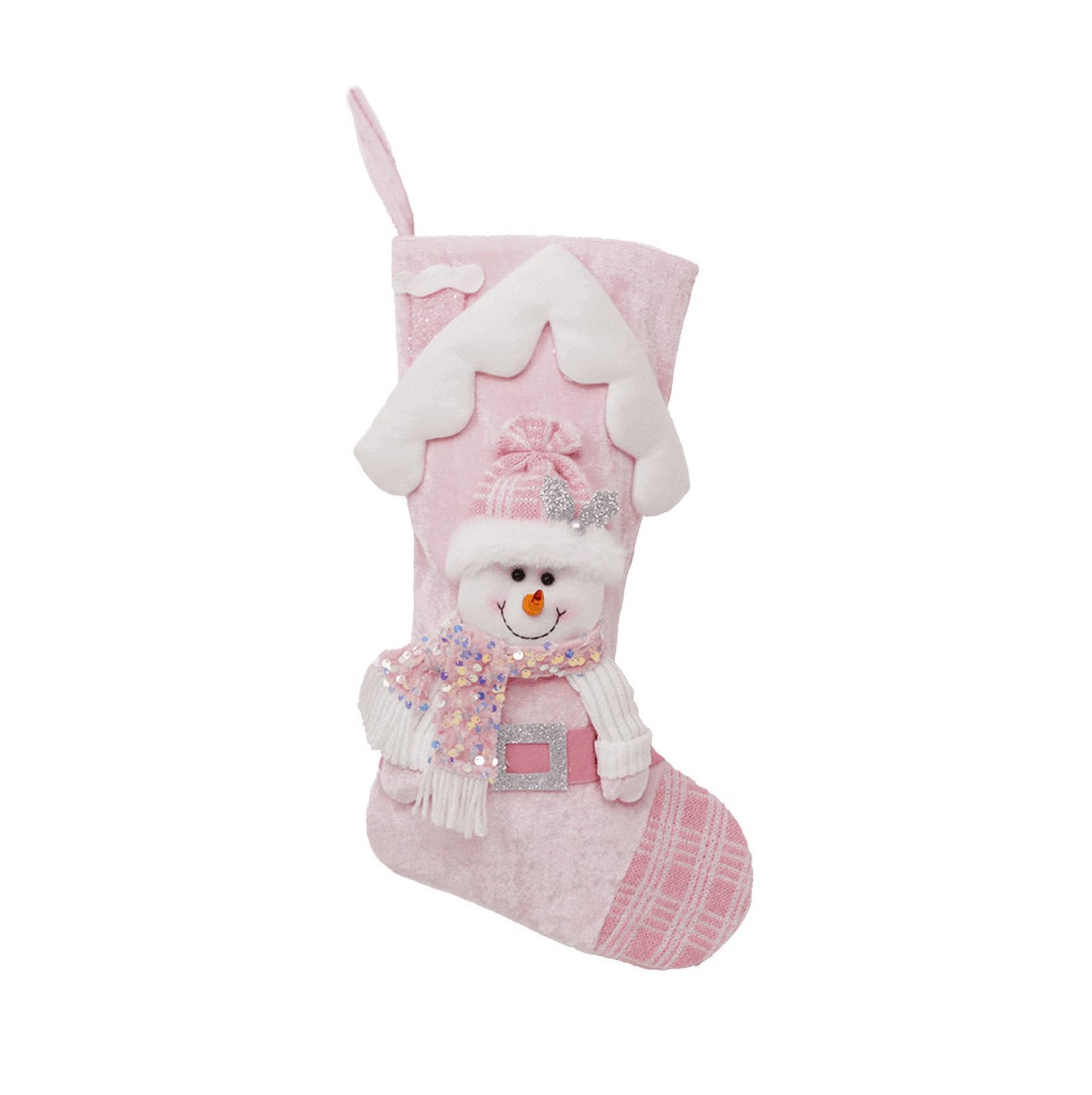 Kirain Pink White Pink Christmas Stockings With Gold Glitter 17 Inches Large 3D Snowman Xmas Stockings For Holiday Xmas Fireplace Hanging Decoration Stockings Gifts