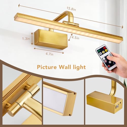 Image of RAIFOOLLY Picture Light, 16inch Picture Lights for Wall Cordless with Timer and Dimmable, 5000mAh Battery Wall Lights for Display Gallery Painting Art Frame Portrait-Brass