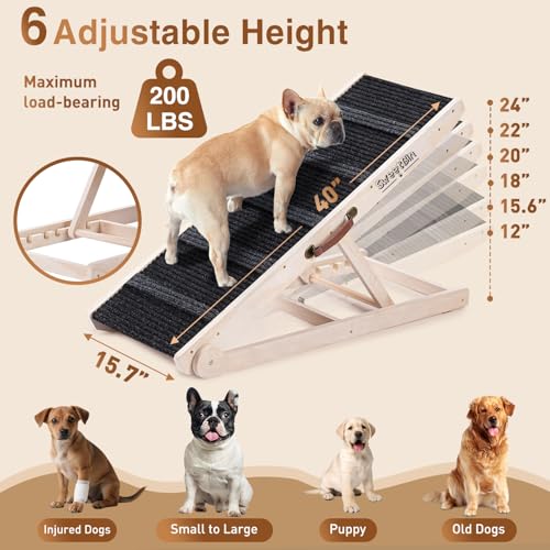 Dog Ramp for Bed - Foldable Small to Large Dog Ramp for Couch - 6 Adjustable Height from 12" to 24" - Stairs with High Traction Mat - Wooden Portable Ramp for Dogs to Get on Bed Couch Car Up to 200LBS - Image 4