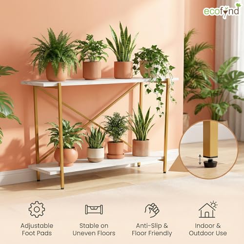 Image of ecofynd Elix Plant Stands for Balcony, Flower Pot Stand for Indoor Plants, 2 Tier Long Metal Planter Stand for Living Room, home decor, Indoor & Outdoor plants (47 inchX9 inchX28 inch, White and Gold)