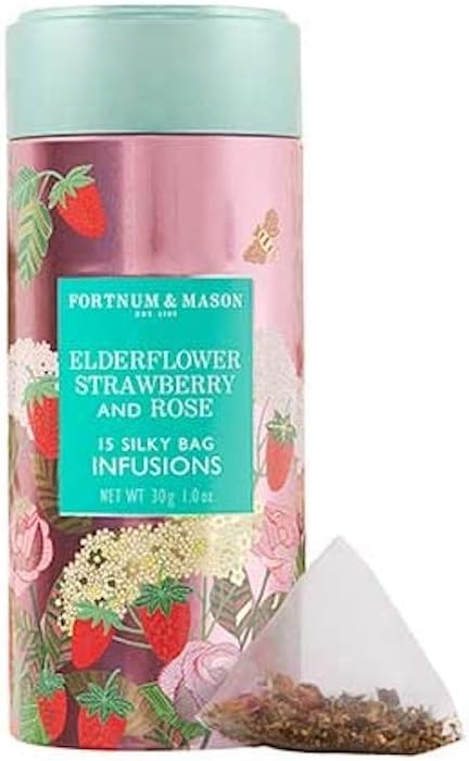 Fortnum and Mason British Tea. Elderflower, Strawberry and Rose Infusion Tin, 15 Silky Tea Bags (1 Pack)