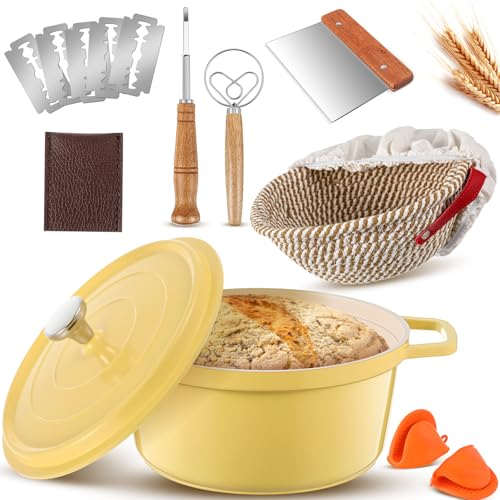 Honeydak 7 Pack Sourdough Bread Baking Supplies Kit Includes Dutch Oven for Bread Baking 5qt Pan Pot, Bread Proofing Basket, Scoring Lame, Dough Whisk