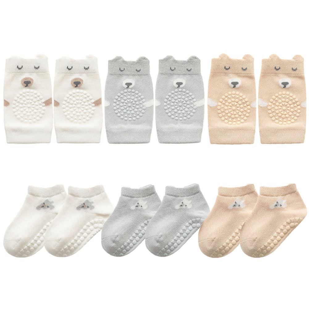 Fedmois Grey, White And Beige 3 Pairs Baby Knee Pads For Crawling + 3 Pairs Anti-Slip Socks Cotton, 9-18 Months