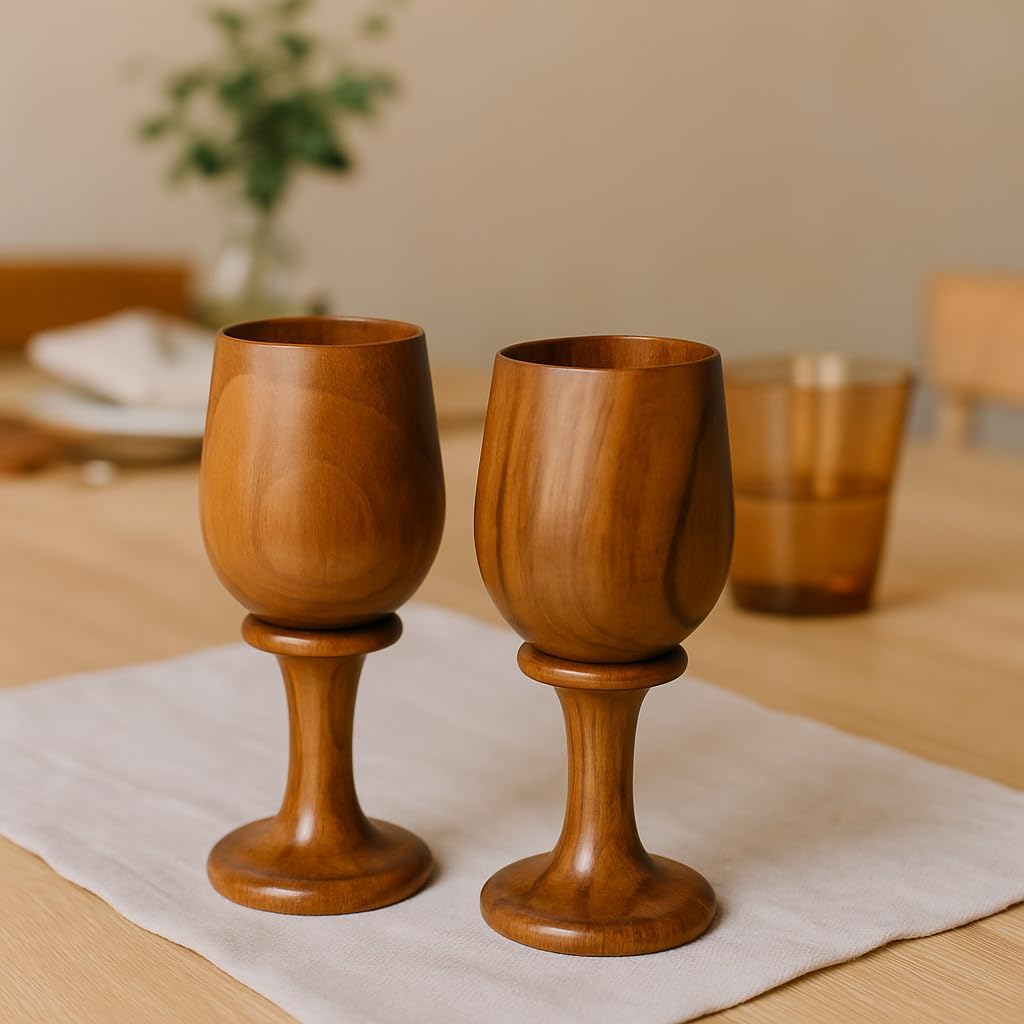 collectiblesBuy Handmade Rustic Wooden Wine Glass Set of 2 – Dark Brown Vintage Goblets | Eco-Friendly Drinkware Cups for Kitchen, Bar Decor, Parties & Gifts